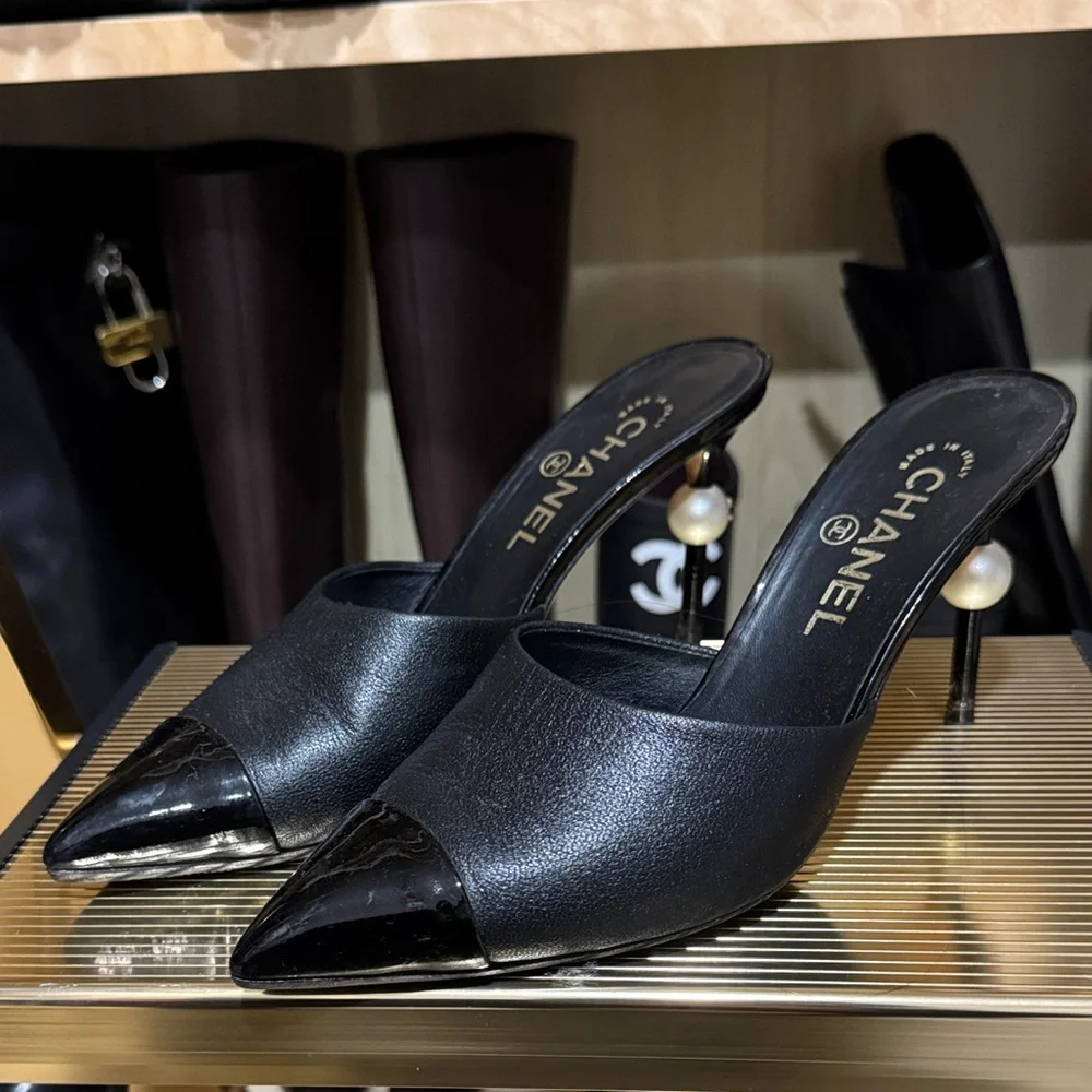 Chanel Black Mules with Pearl Accent sz 38.5